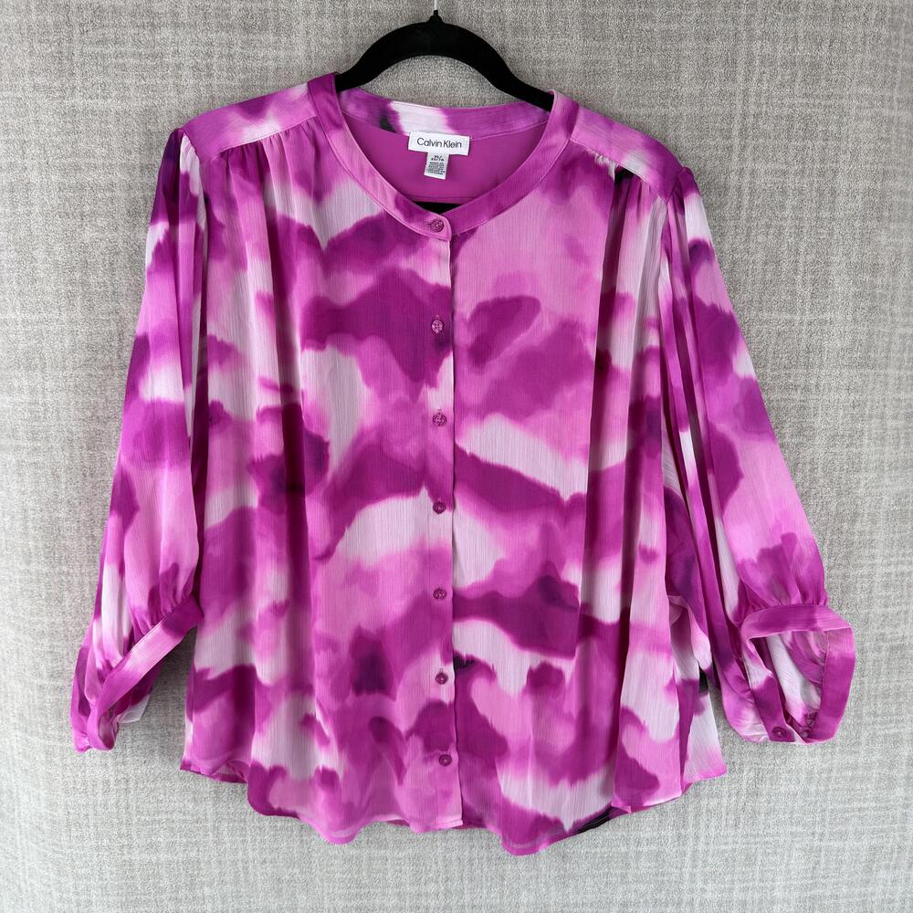 Calvin Klein Blouse Womens XL Pink Colorblock Roll Tab Sleeve Lined Chiffon